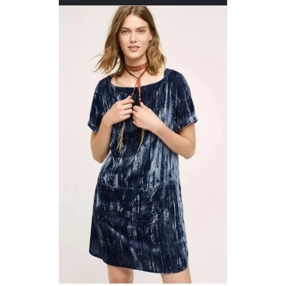 Anthropologie floreat Velvet Dress‎ Womens Large Blue Crushed Texture Pockets